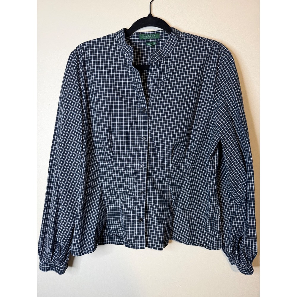 Lauren Ralph Lauren Navy White Grid Check Mandarin Collar Blouse XL Cotton